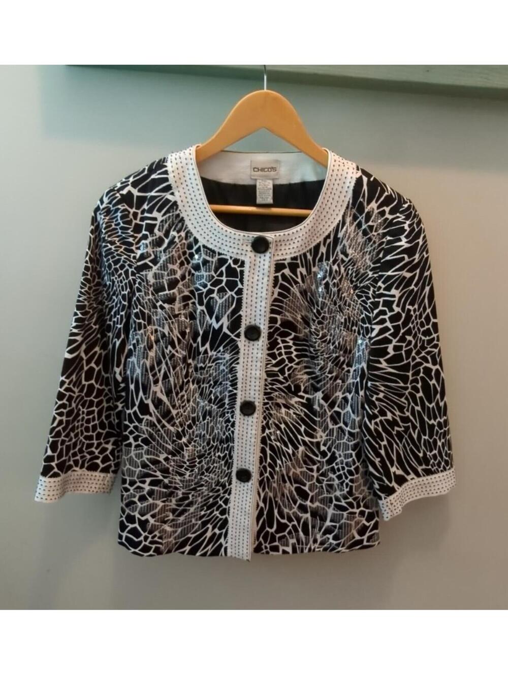 Chicos Sequin Jacket Black White Blazer Size 0 SMALL Bling Geometric EUC